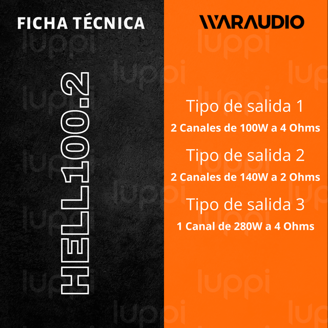 WARAUDIO Amplificador HELL100.2 de 2 Canales 280W RMS